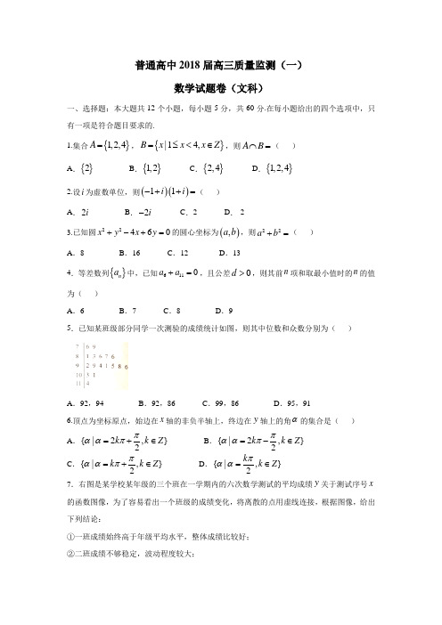 吉林省长春市普通高中2018届高三一模考试文数试题(附答案)