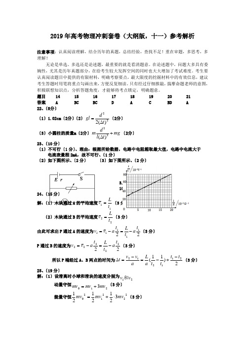 2019年高考物理冲刺套卷(大纲版,十一)参考解析