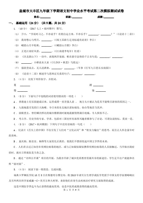 盐城市大丰区九年级下学期语文初中学业水平考试第二次模拟测试试卷