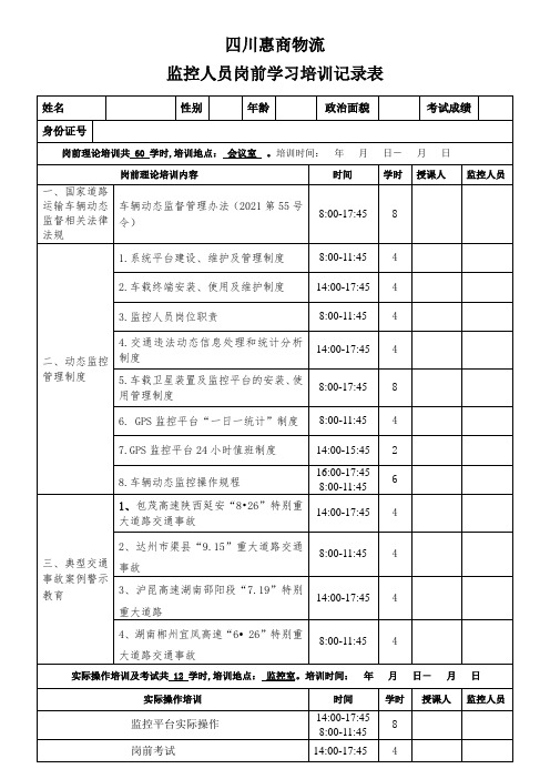 监控人员岗前学习培训记录表