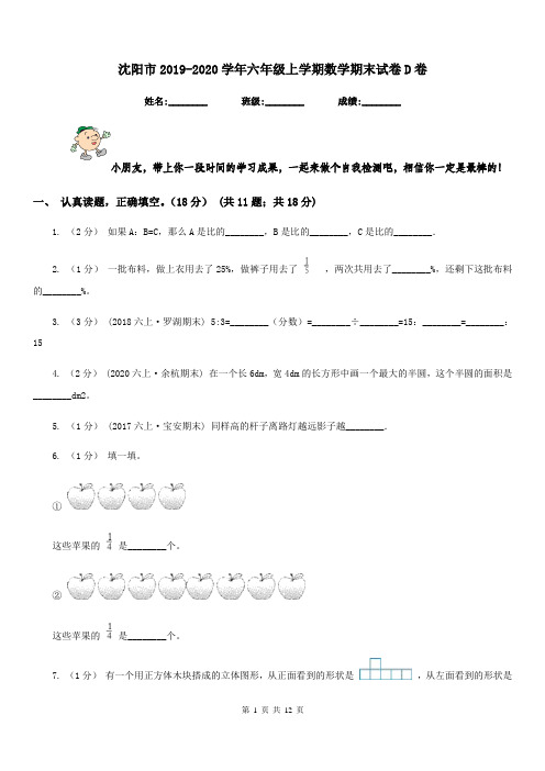 沈阳市2019-2020学年六年级上学期数学期末试卷D卷