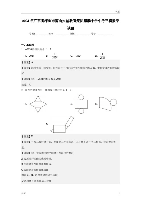 2024年广东省深圳市南山实验教育集团麒麟中学初三三模数学试题含答案解析