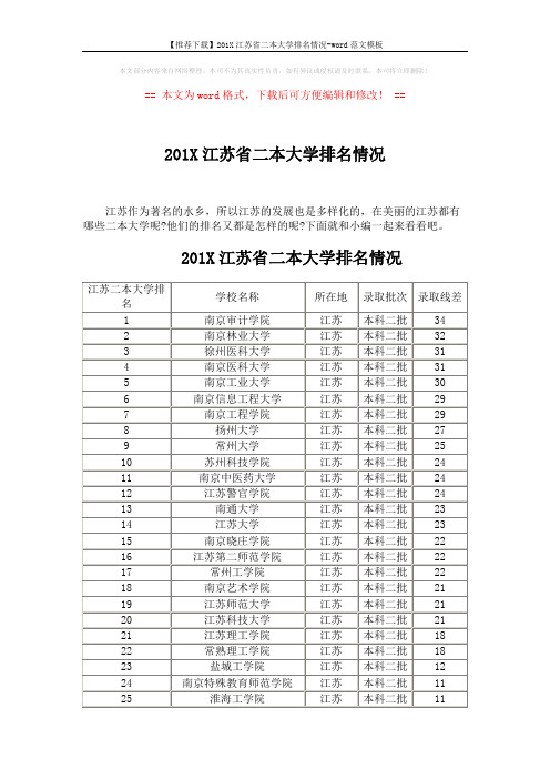 【推荐下载】201X江苏省二本大学排名情况-word范文模板 (3页)