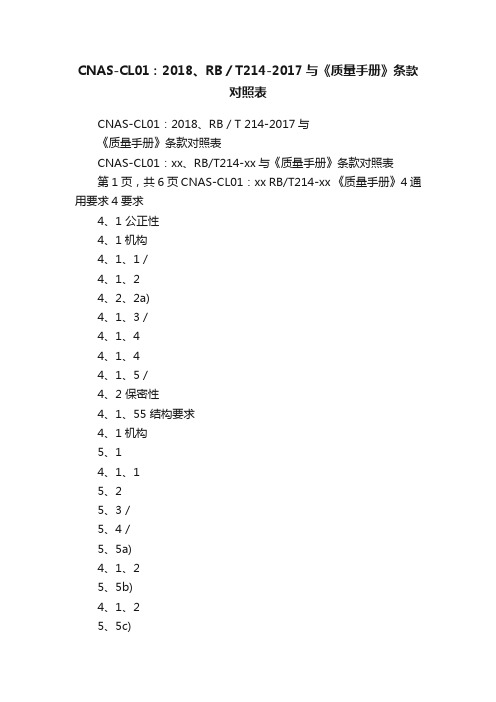 CNAS-CL01：2018、RB／T214-2017与《质量手册》条款对照表