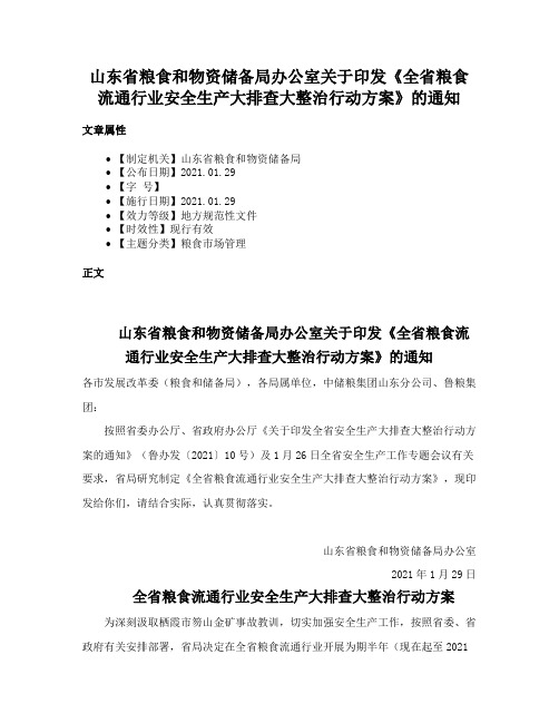 山东省粮食和物资储备局办公室关于印发《全省粮食流通行业安全生产大排查大整治行动方案》的通知