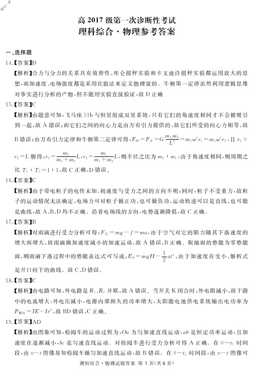 2019年12月23日四川省遂宁市眉山市资阳市内江市一诊高2020届高2017级理科综合物理试题参考答案