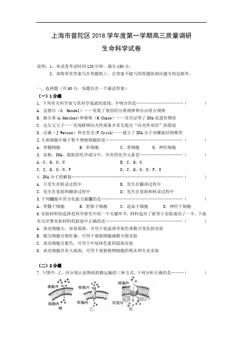 最新-【生物】上海市普陀区2018届第一学期高三期末调研试卷 精品