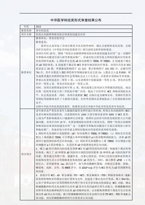 中华医学科技奖形式审查结果公布年份2018推荐奖种青年科技奖