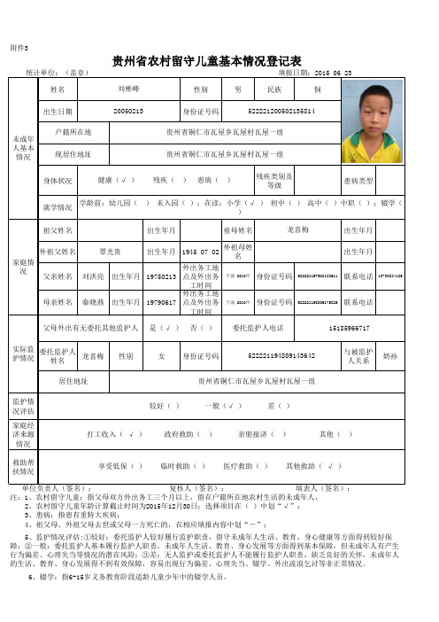 代建权四(2)班表附件3：贵州省农村留守儿童基本情况排登记