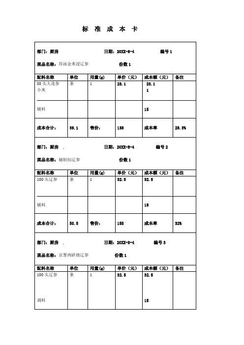 推荐-某餐厅标准成本卡 模板 精品