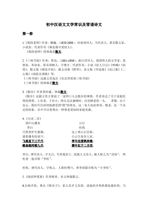 (word完整版)藏族地区使用区编汉语文初中一到六册文学常识及背诵篇目汇总,推荐文档