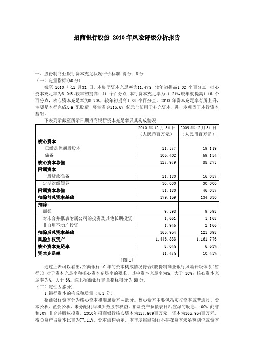 招商银行股份有限公司2010年风险信用评级分析报告