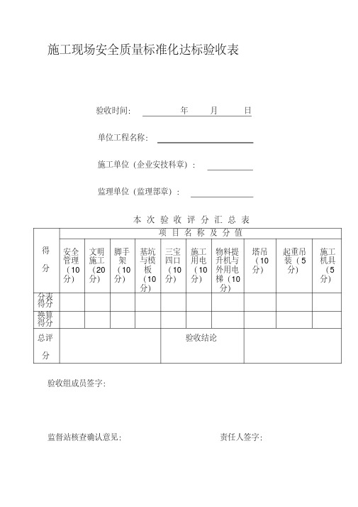 施工现场安全质量标准化达标验收表