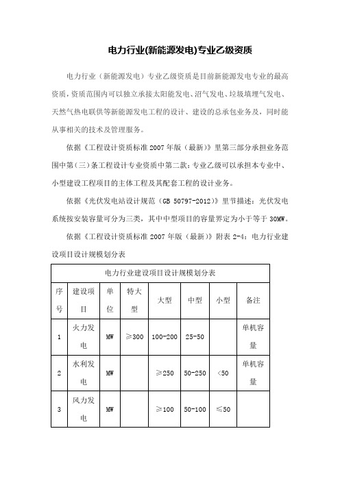 电力行业新能源发电专业乙级资质