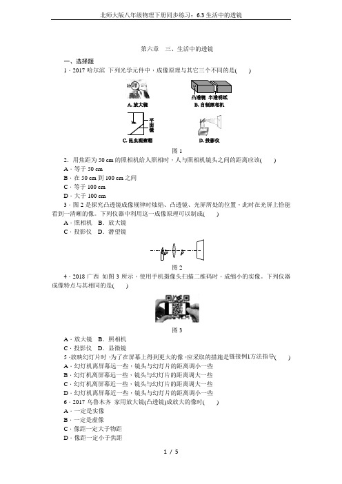 北师大版八年级物理下册同步练习：6.3生活中的透镜