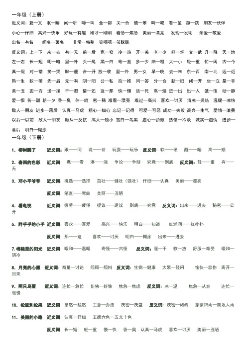 小学语文一年级至六年级近义词反义词(全)