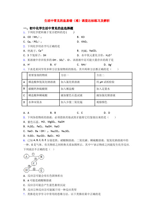 生活中常见的盐易错(难)课堂达标练习及解析