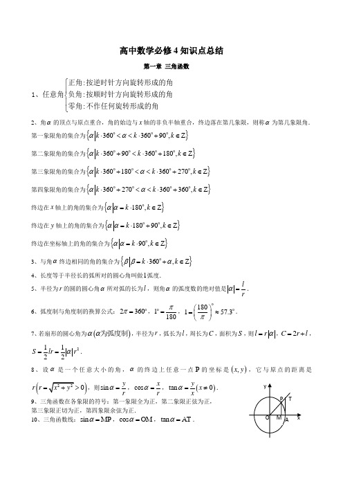 高中数学必修4知识点总结：第一章_三角函数