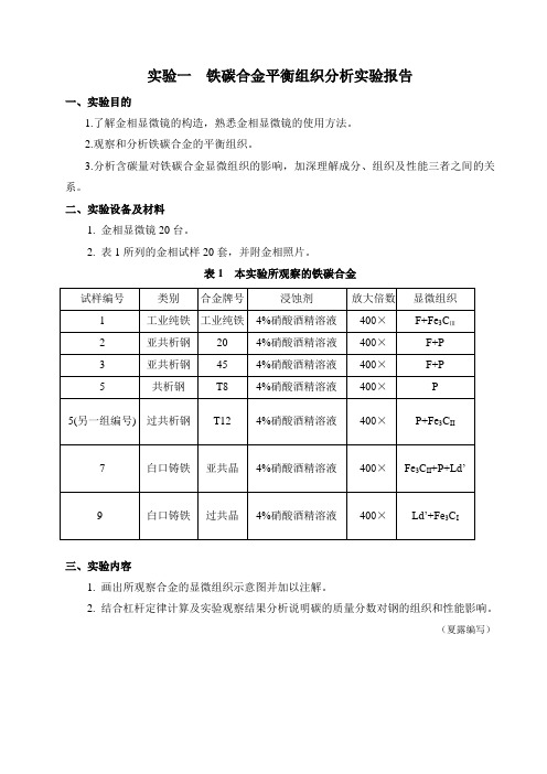 实验一  铁碳合金平衡组织分析实验报告