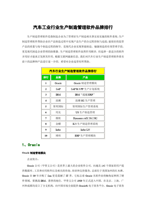 汽车工业行业生产制造管理软件品牌排行