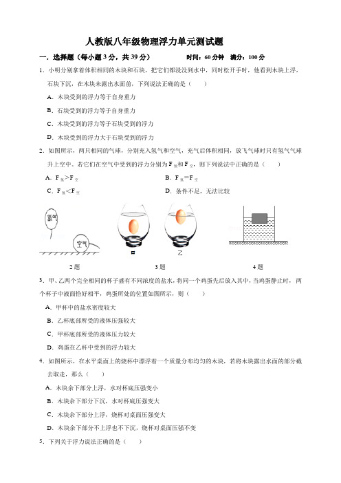 人教版八年级物理 第十章 浮力单元测试题(解析版)