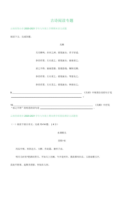 云南省部分地区2020-2021学年上学期九年级语文期末试卷精选汇编：古诗阅读专题