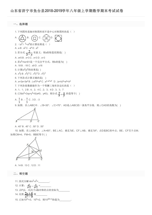 山东省济宁市鱼台县2018-2019学年八年级上学期数学期末考试试卷及参考答案