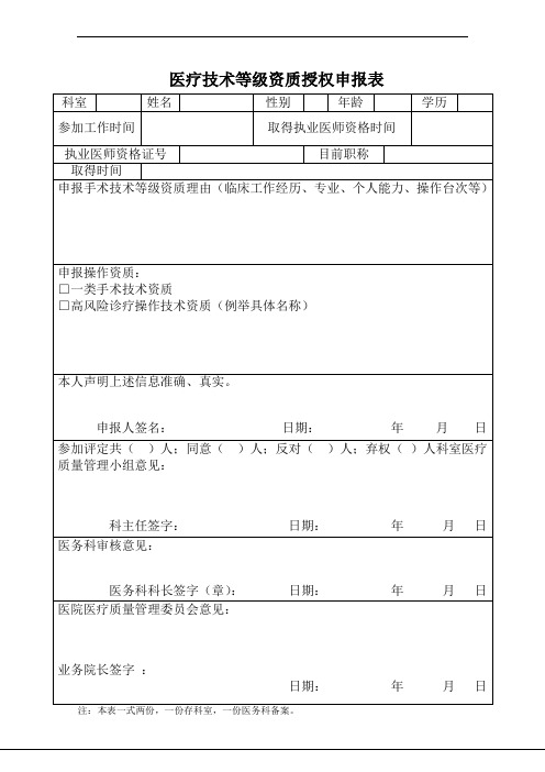 手术技术等级资质授权申报表-审批表