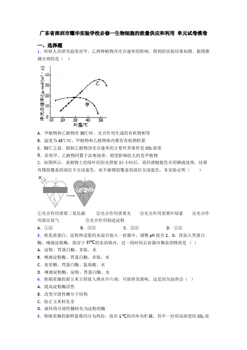 广东省深圳市耀华实验学校必修一生物细胞的能量供应和利用 单元试卷模卷