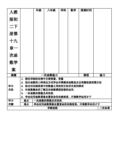 人教版初二下册第十九章一次函数学案