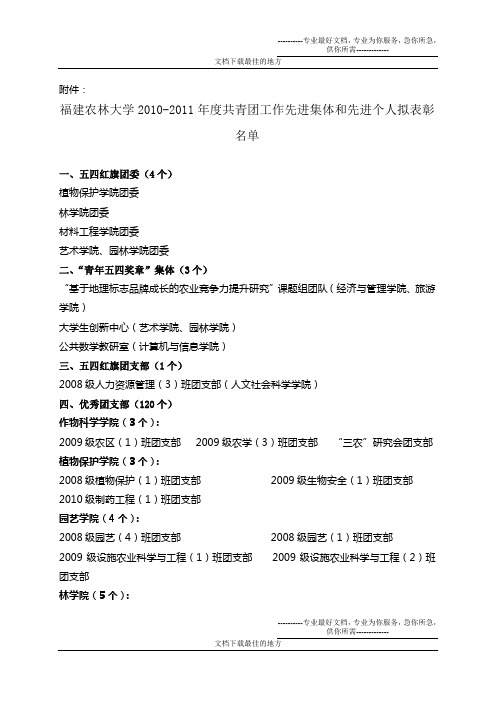 福建农林大学2010-2011年度共青团工作先进集体和先进个人拟表彰名单