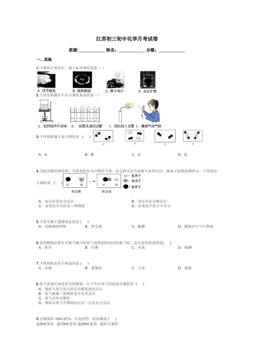 江苏初三初中化学月考试卷带答案解析
