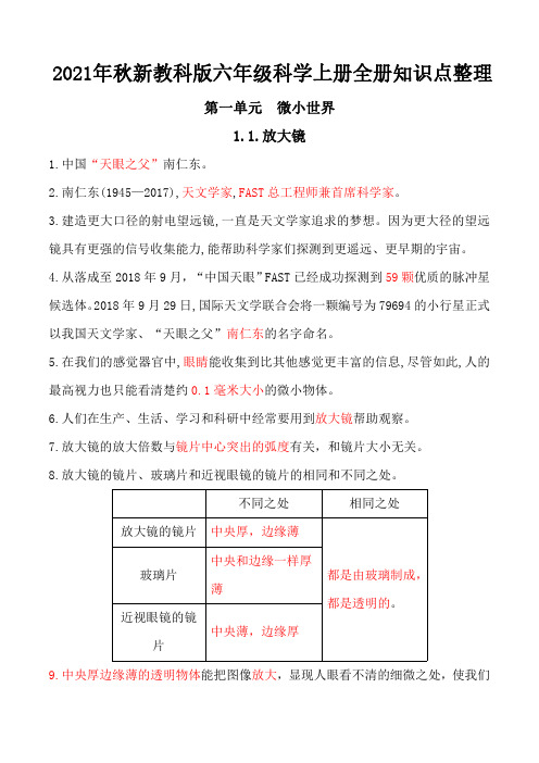 2021年秋新教科版六年级科学上册全册知识点整理