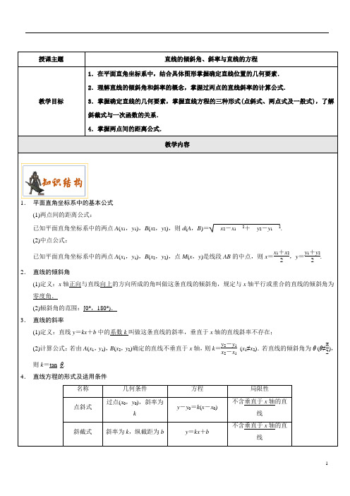 一轮复习：直线的倾斜角、斜率与直线的方程