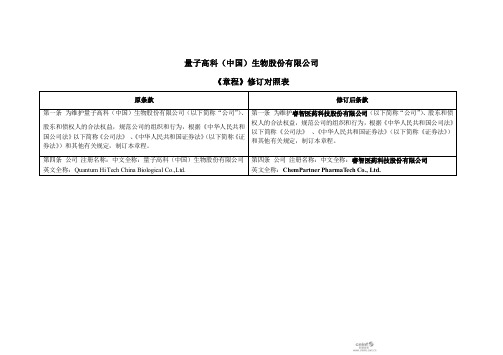 量子生物：公司《章程》修订对照表