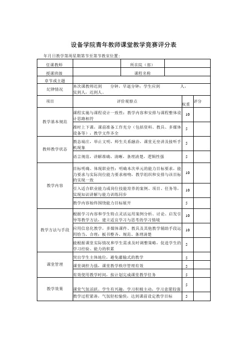 设备学院青年教师课堂教学竞赛评分表