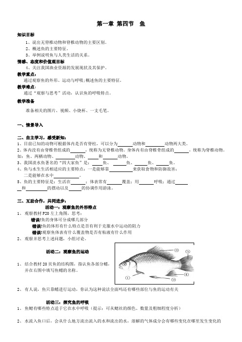 初中八年级生物教案-人教版初中生物八年级上册  鱼(省一等奖)