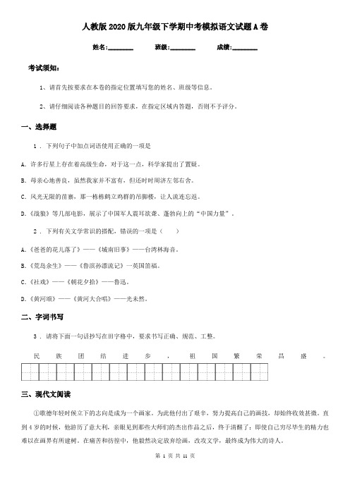 人教版2020版九年级下学期中考模拟语文试题A卷