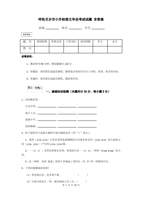 呼伦贝尔市小升初语文毕业考试试题 含答案