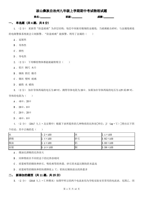 凉山彝族自治州九年级上学期期中考试物理试题