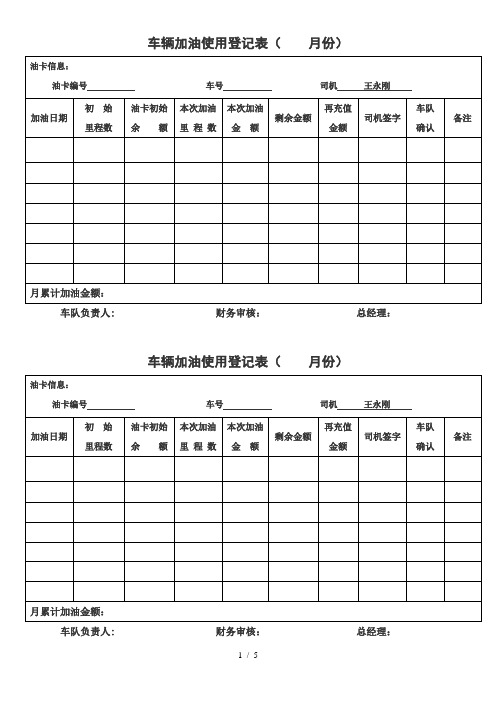 车辆加油使用登记表