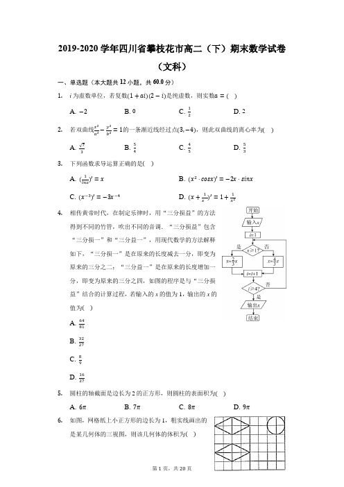 2019-2020学年四川省攀枝花市高二(下)期末数学试卷(文科)(附答案详解)