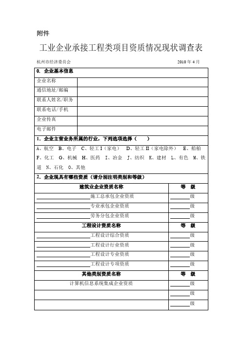 工业企业承接工程类项目资质情况现状调查表