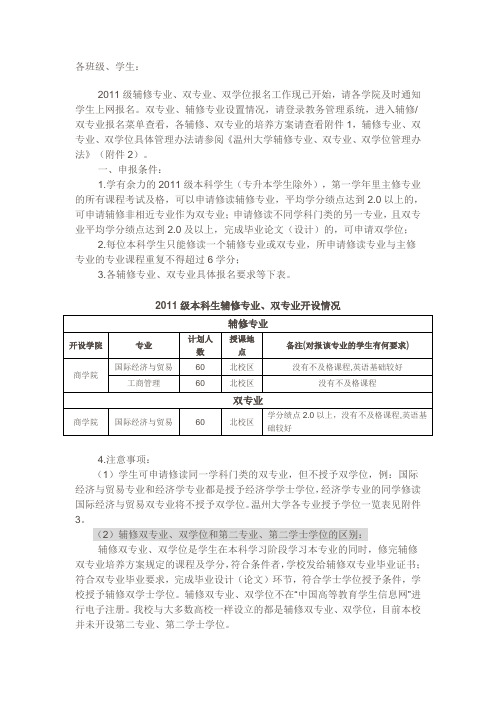 关于2011级本科生辅修专业、双专业报名通知