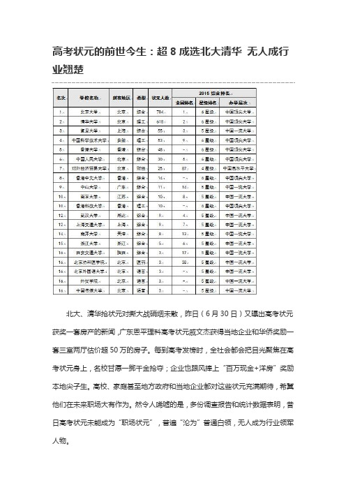 高考状元的前世今生：超8成选北大清华 无人成行业翘楚