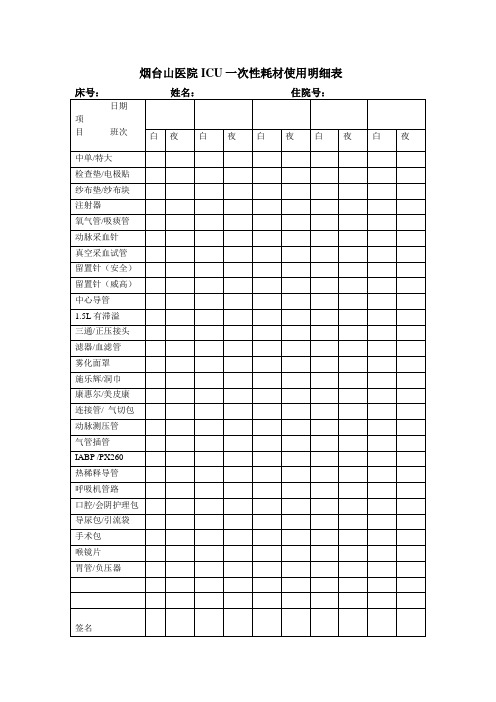 烟台山医院ICU一次性耗材使用明细表