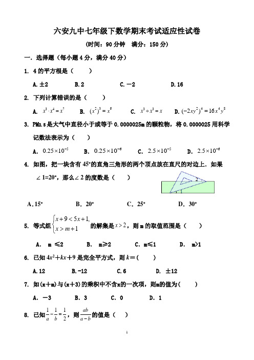 (完整版)六安九中七年级下数学期末考试适应性试卷