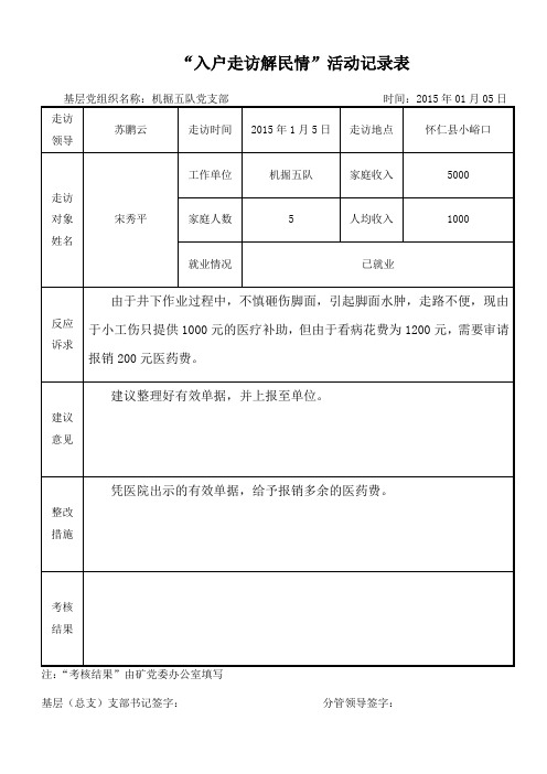 “入户走访解民情”活动记录表