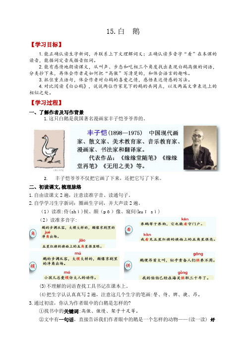 部编版四年级语文下册第四单元15《白鹅》自学导学案