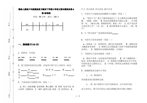 精选人教版六年级摸底复习测试下学期小学语文期末模拟试卷A卷-标准版